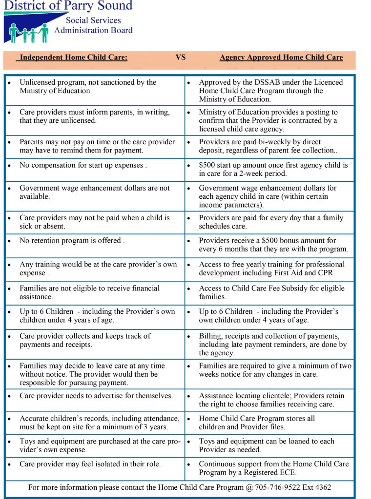 A chart summarizing the benefits of becoming an agency approved home child care provider